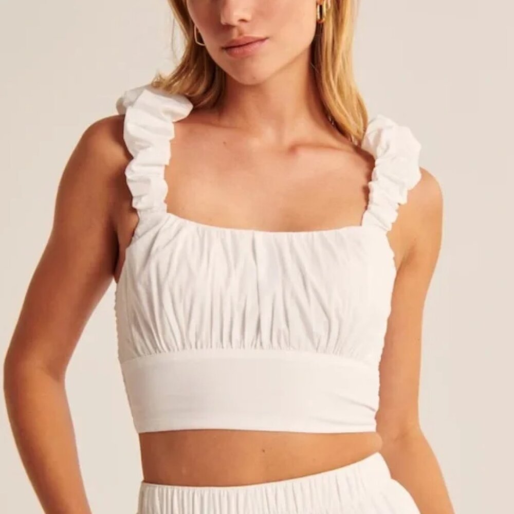 Abercrombie Scrunch Strap Poplin Top in White, Size XL